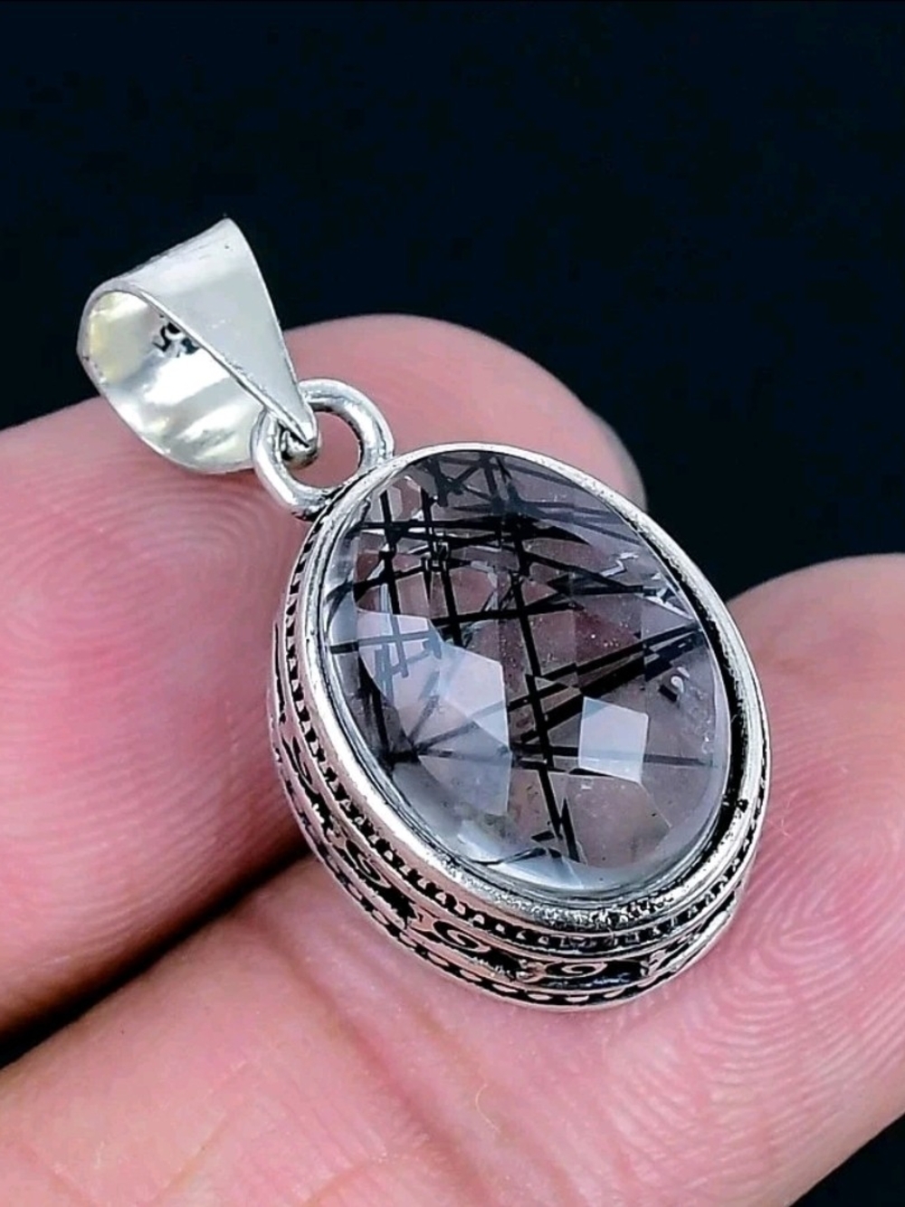 Black Rutile 925 Silver Plated Handmade Pendant 1.19"